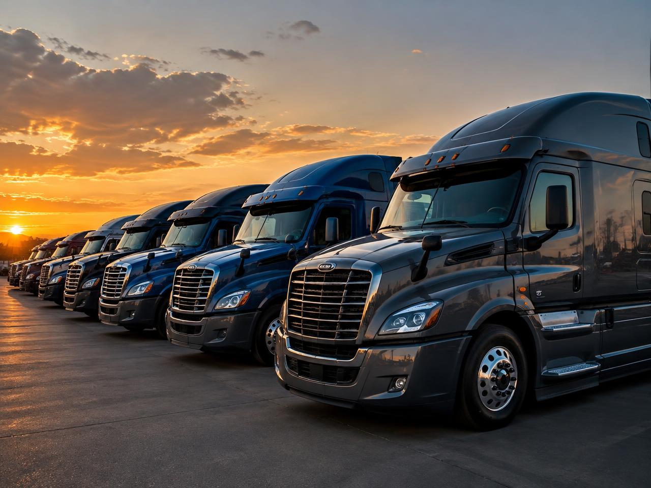 Row of semi trucks at sunset